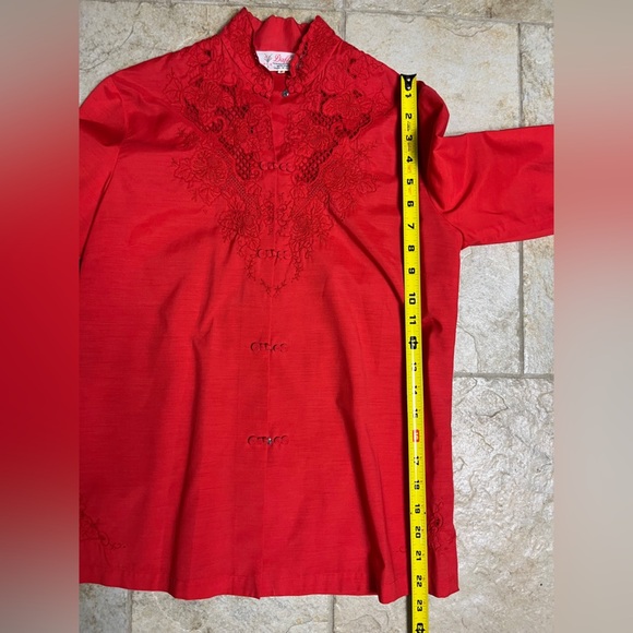 Vintage Daffodil Red Embroidered Blouse S Artsy Lace Button Top China Style Rare - Picture 13 of 13